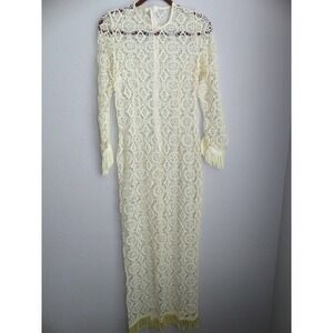 Musera Ivory Lace Fringe Maxi Dress Long Sleeve Boho Sheer Size M Unlined